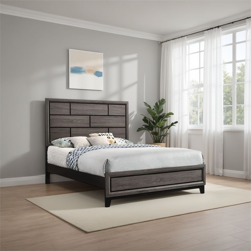Bowery Hill Twin Bed Geometric Panel Headboard Modern in Gray Wood Finish