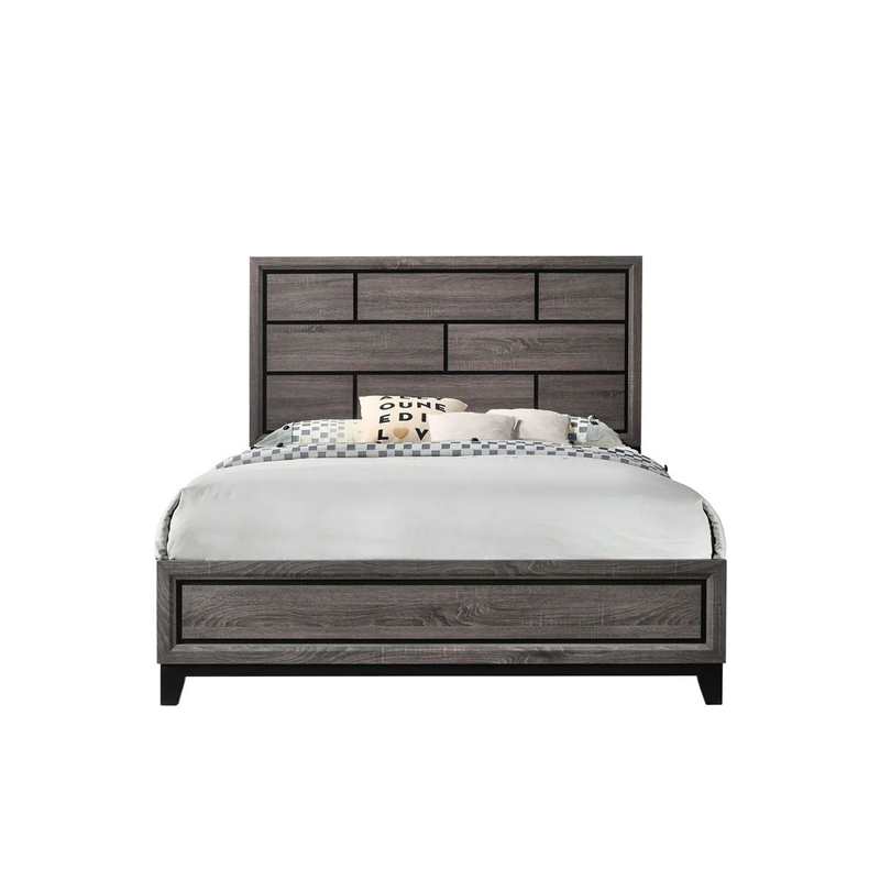 Bowery Hill Twin Bed Geometric Panel Headboard Modern in Gray Wood Finish