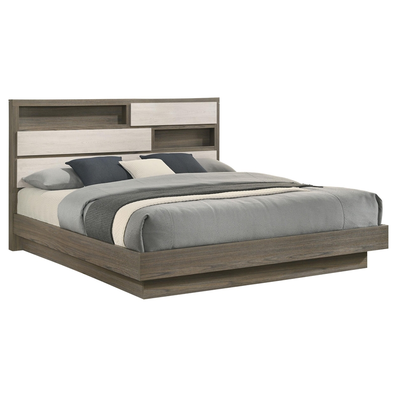Bowery Hill King Bed Bookcase Headboard in Wood Gray Hidden Storage