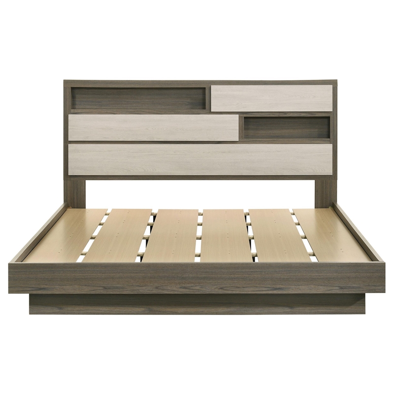 Bowery Hill King Bed Bookcase Headboard in Wood Gray Hidden Storage