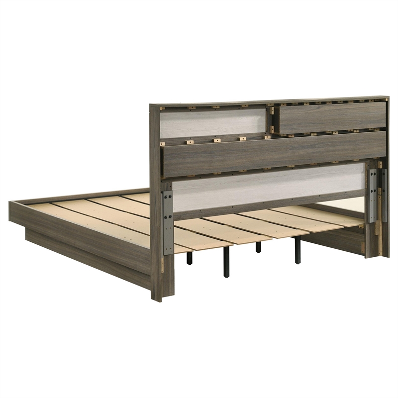 Bowery Hill King Bed Bookcase Headboard in Wood Gray Hidden Storage