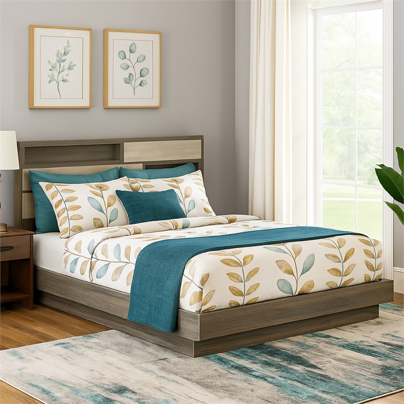 Bowery Hill King Bed Bookcase Headboard in Wood Gray Hidden Storage