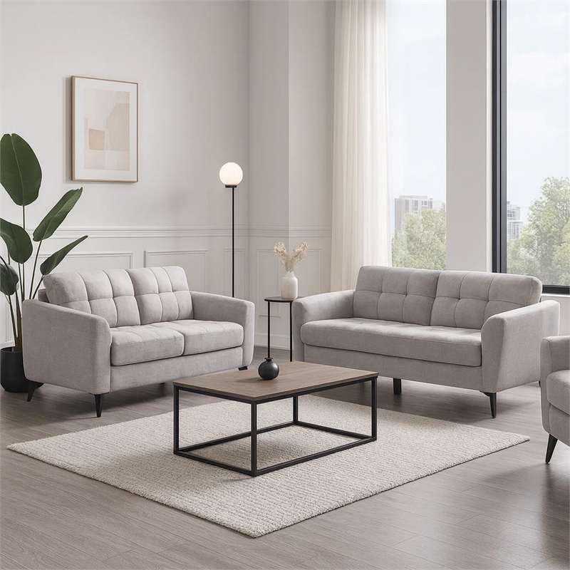 Bowery Hill 2 PC Sofa and Loveseat Set in Light Gray Linen Upholstery