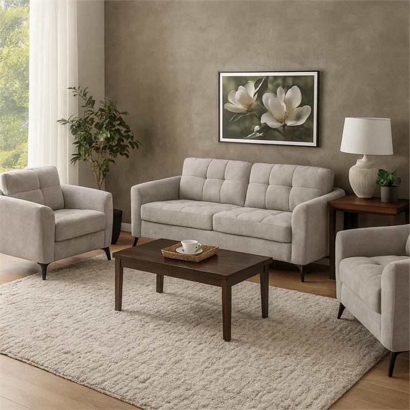 Bowery Hill 2 PC Sofa and Loveseat Set in Light Gray Linen Upholstery