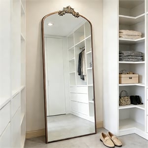 Bowery Hill 66&quot Arched Full Length Ornate Floor Mirror Metal Frame in Brown