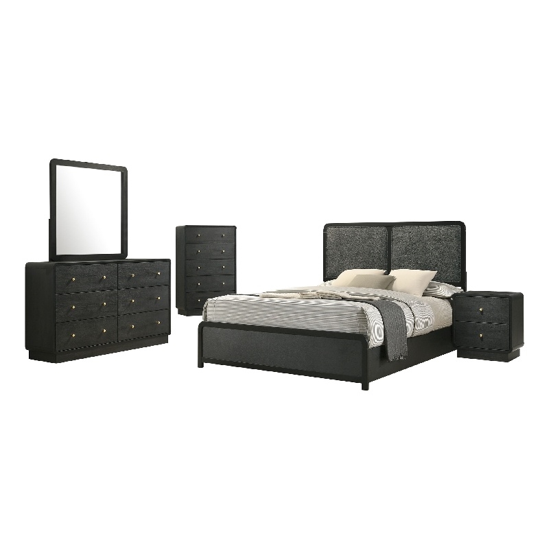 Bowery Hill 5pc Queen Bedroom Set in Charcoal Gray Upholstery and Gold