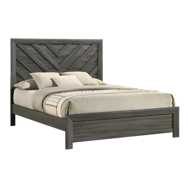 Bowery Hill King Bed with Chevron Patterned Headboard in Dark Gray Wood