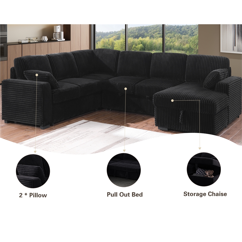 Bowery Hill Fabric U-Shape Sofa Pull Out Sofa Bed and Storage in Black