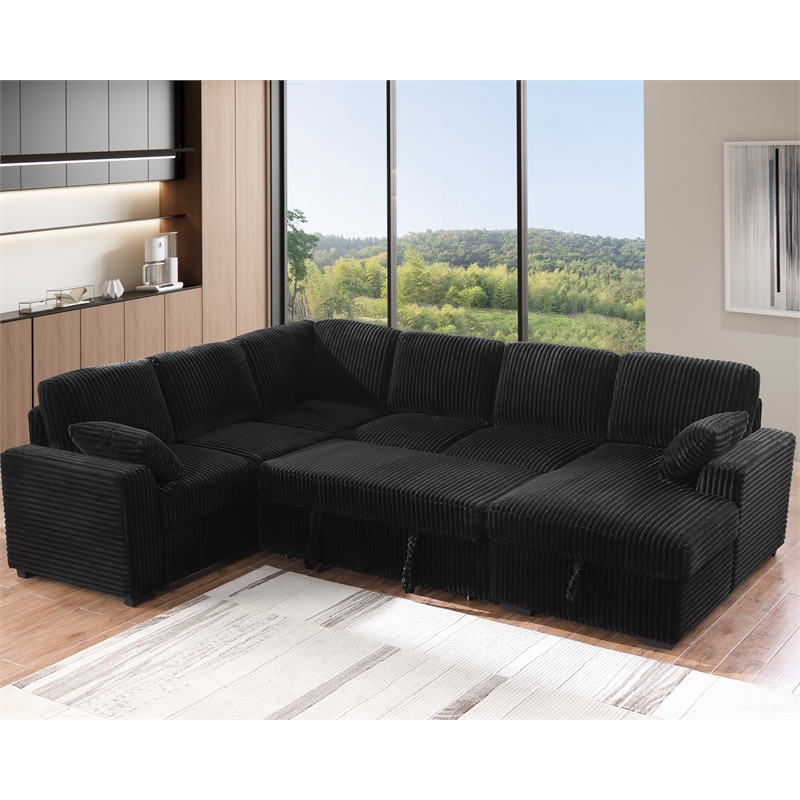 Bowery Hill Fabric U-Shape Sofa Pull Out Sofa Bed and Storage in Black