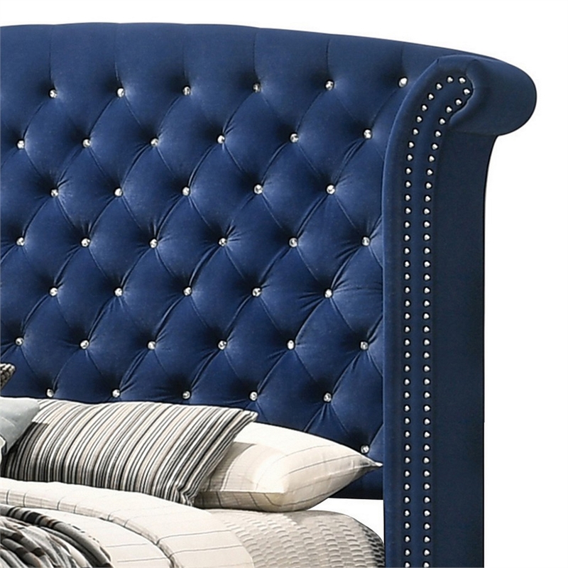Bowery Hill Wingback King Bed Tufted Headboard in Pacific Blue Velvet