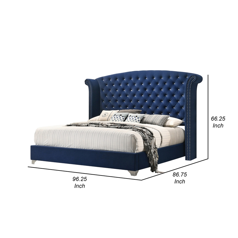 Bowery Hill Wingback King Bed Tufted Headboard in Pacific Blue Velvet
