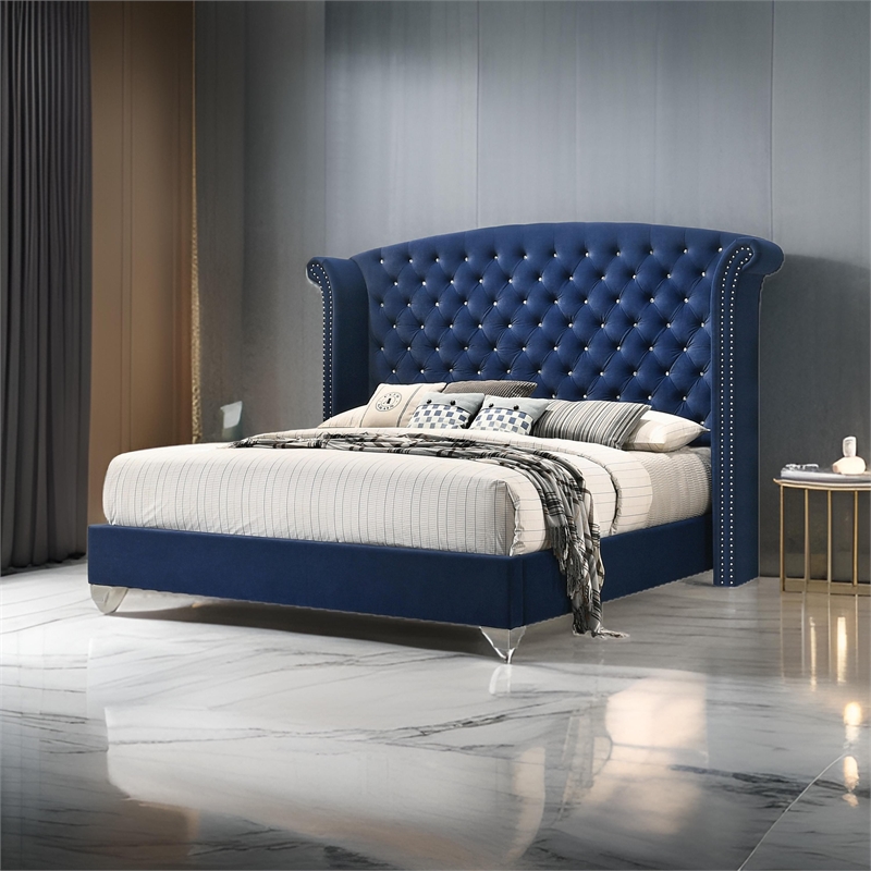 Bowery Hill Wingback King Bed Tufted Headboard in Pacific Blue Velvet