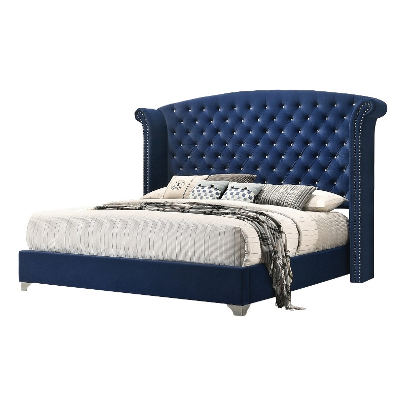 Bowery Hill Wingback King Bed Tufted Headboard in Pacific Blue Velvet