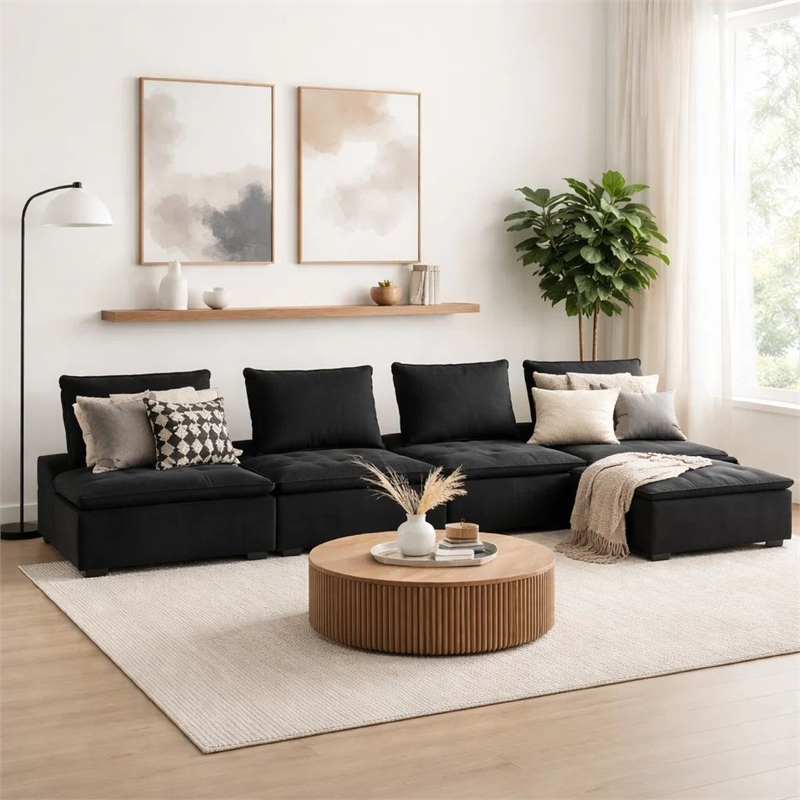Bowery Hill 5pc Modular Sofa and Loveseat Set Tufted in Black Velvet