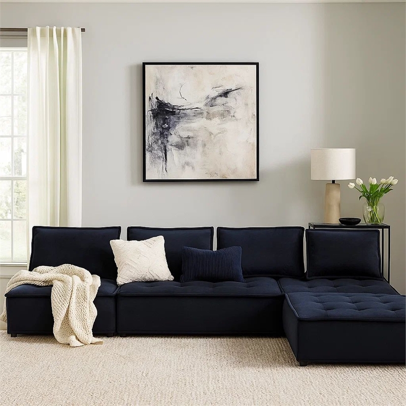 Bowery Hill 5pc Foam Modular Sectional Sofa with Ottoman in Black Velvet