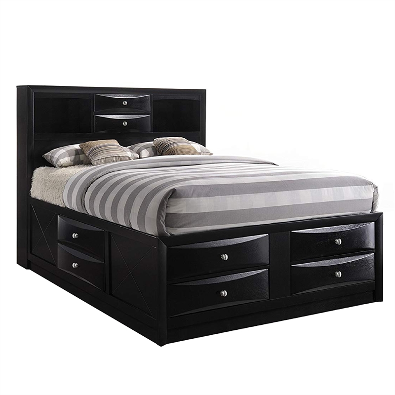 Bowery Hill Queen Wooden Storage Bed with 8 Spacious Drawers in Black