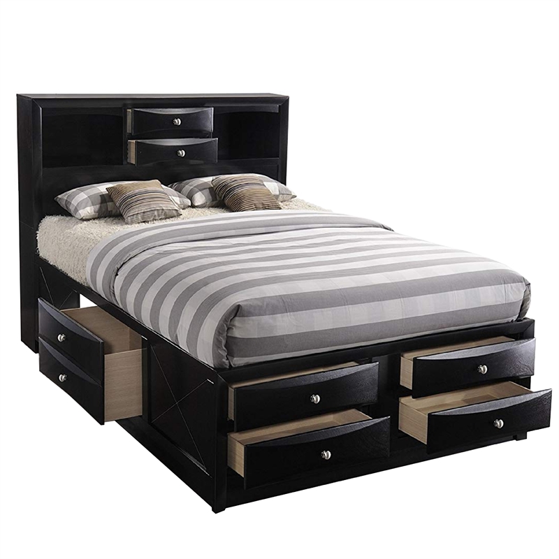 Bowery Hill Queen Wooden Storage Bed with 8 Spacious Drawers in Black