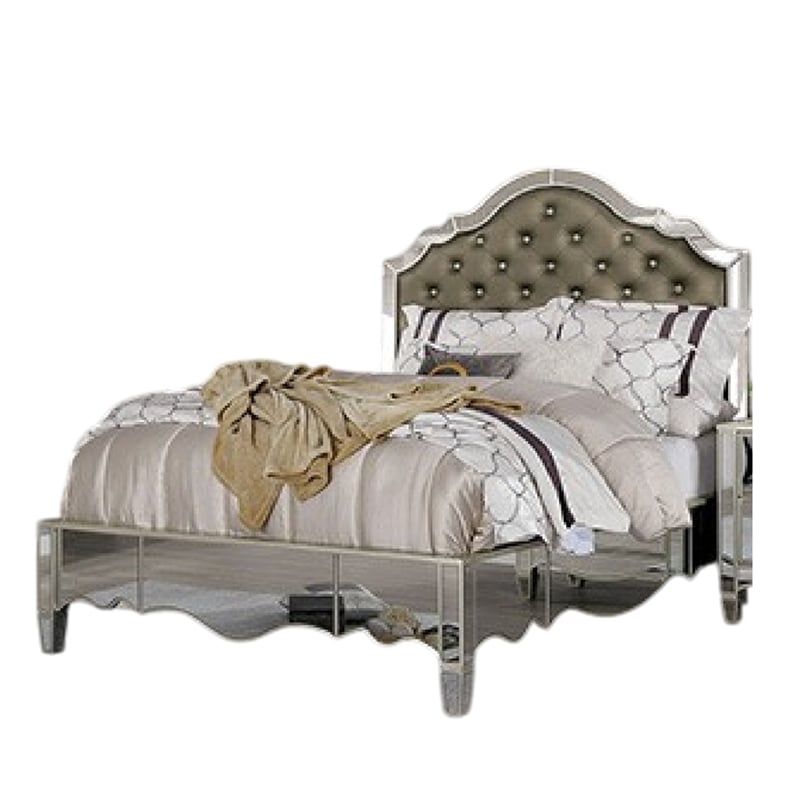 Bowery Hill Queen Bed Carved Button Tufted Faux Leather Mirrored in Silver