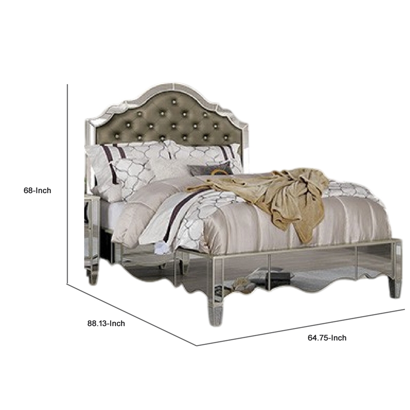 Bowery Hill Queen Bed Carved Button Tufted Faux Leather Mirrored in Silver