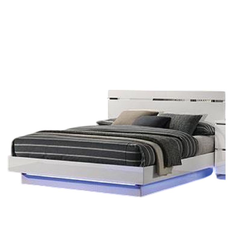 Bowery Hill King Bed with Silver Trimmed Headboard LED Footboard in White