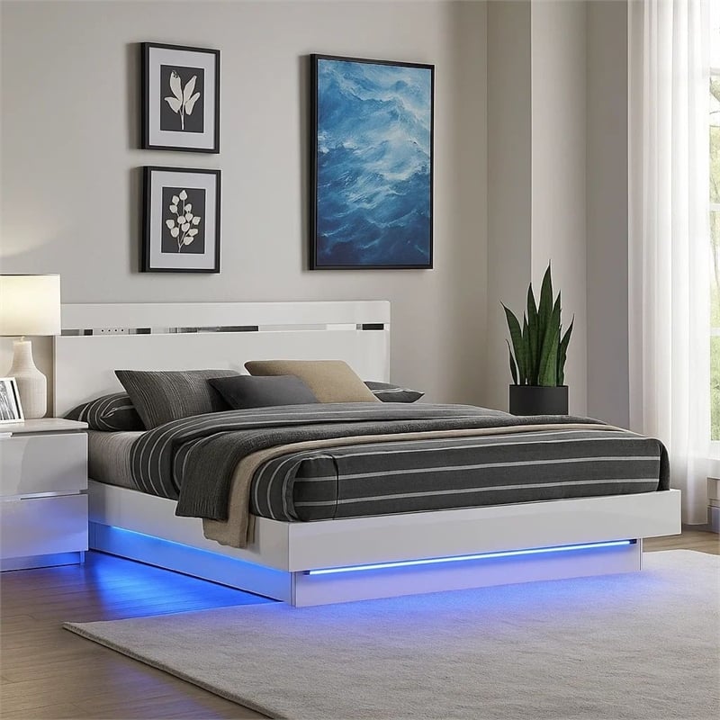 Bowery Hill King Bed with Silver Trimmed Headboard LED Footboard in White