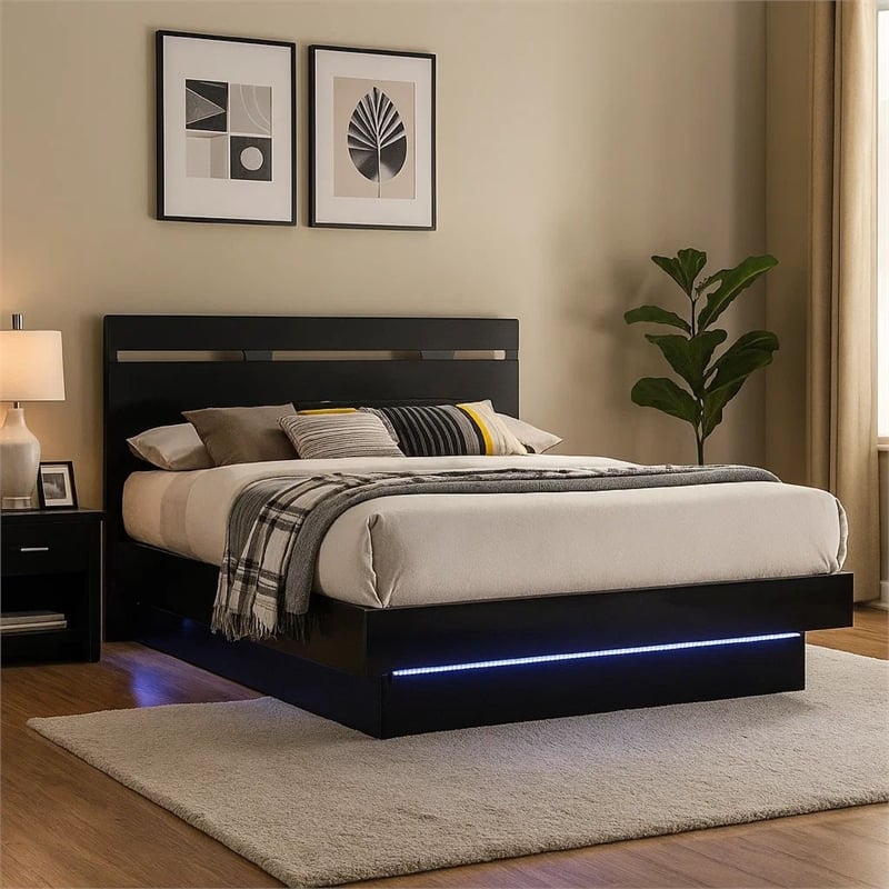 Bowery Hill King Bed with Silver Trimmed Headboard LED Footboard in Black