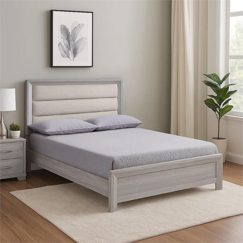 Bowery Hill Full Bed Channel Tufted Upholstered Headboard in Driftwood Gray
