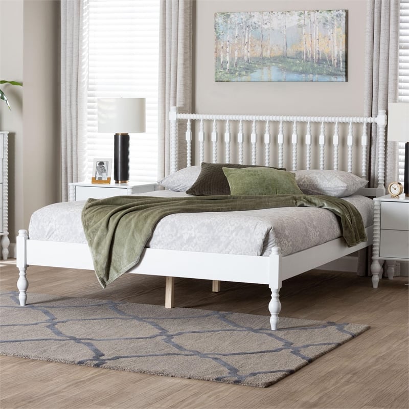 Bowery Hill Spindle Platform Bed Turned Bed Frame Queen in White
