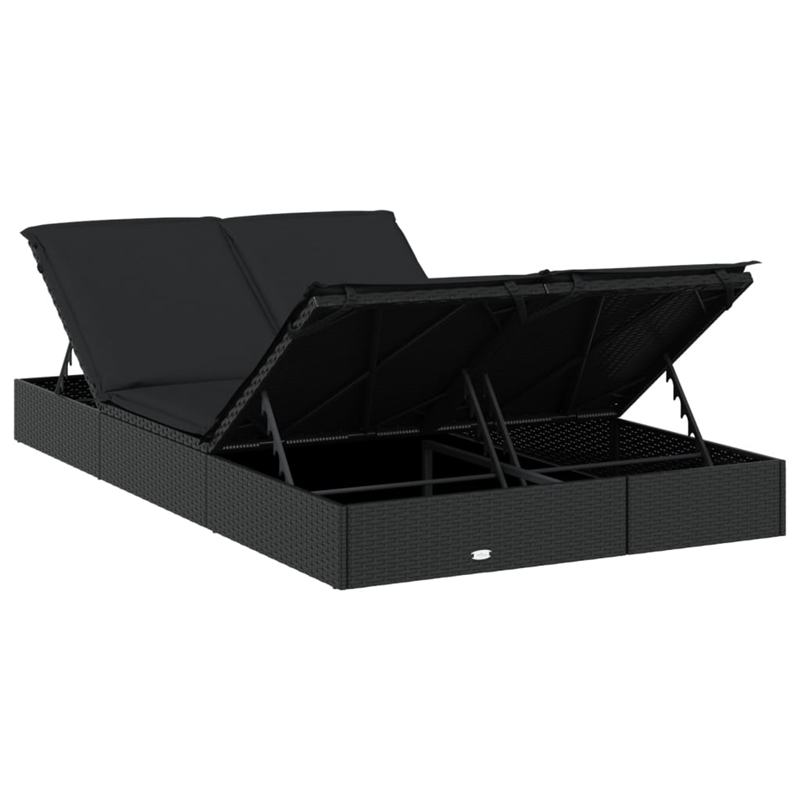 Bowery Hill PE Rattan Double Sunbed with Adjustable Armrests in Black