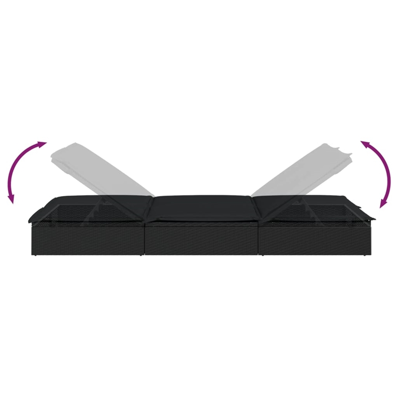 Bowery Hill PE Rattan Double Sunbed with Adjustable Armrests in Black
