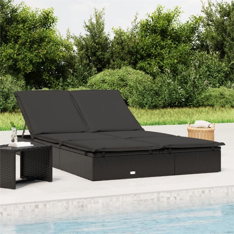 Bowery Hill PE Rattan Double Sunbed with Adjustable Armrests in Black