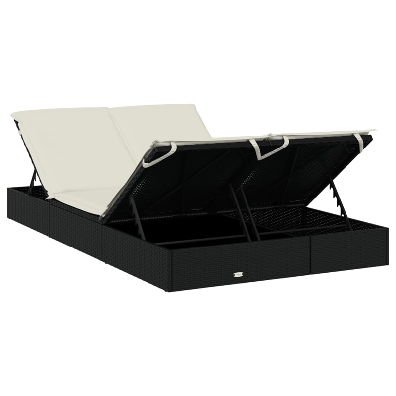 Bowery Hill PE Rattan Double Sunbed with Adjustable Armrests in Black