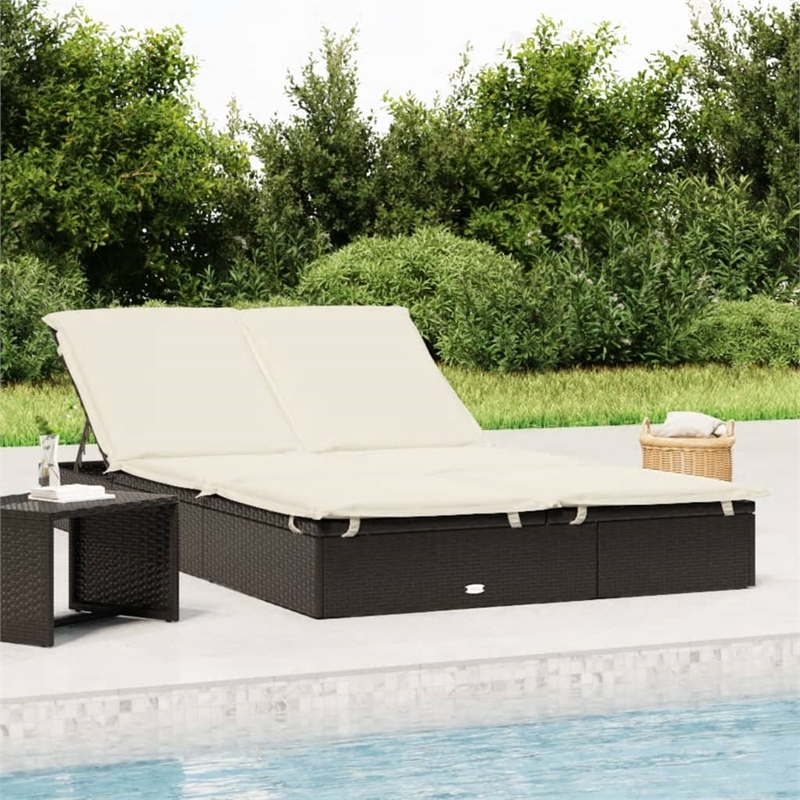Bowery Hill PE Rattan Double Sunbed with Adjustable Armrests in Black