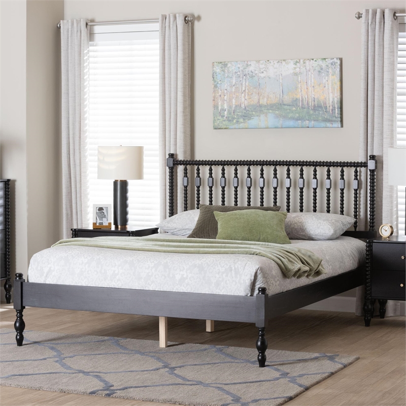 Bowery Hill Spindle Platform Bed Turned Bed Frame Full in Black