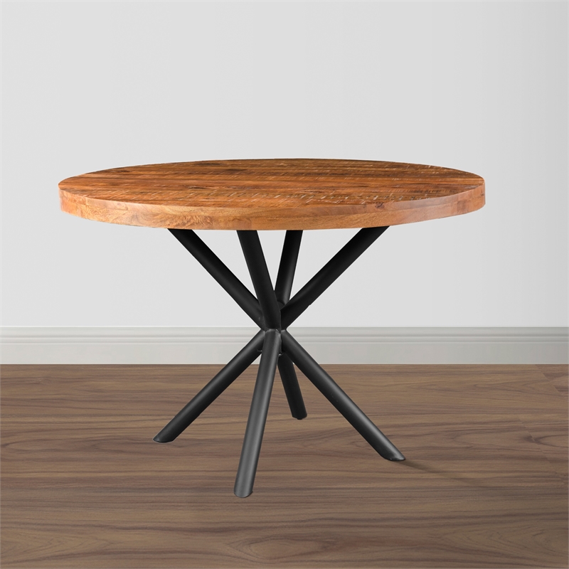 Bowery Hill 48 Inch Handcrafted Dining Table Mango Wood Round Top Iron Legs