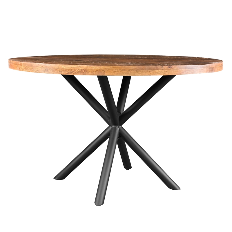 Bowery Hill 48 Inch Handcrafted Dining Table Mango Wood Round Top Iron Legs