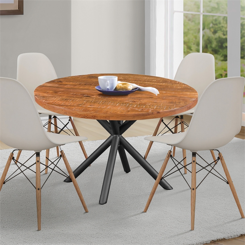 Bowery Hill 48 Inch Handcrafted Dining Table Mango Wood Round Top Iron Legs