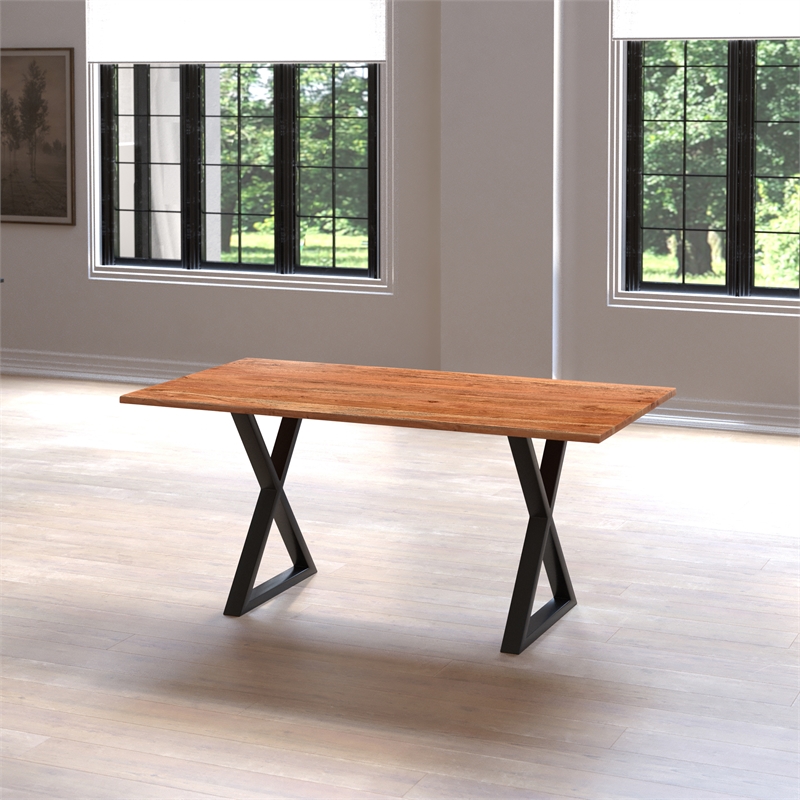Bowery Hill 67 Inch Dining Table Crossed Metal Legs Live Edge Acacia