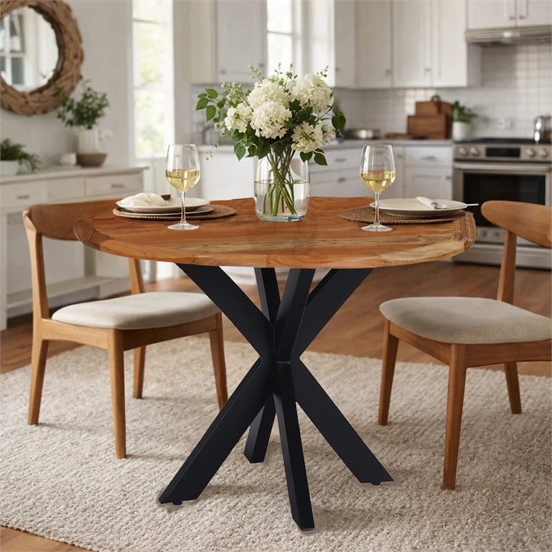 Bowery Hill 41 Inch Live Edge Round Dining Table Acacia Wood Iron Legs