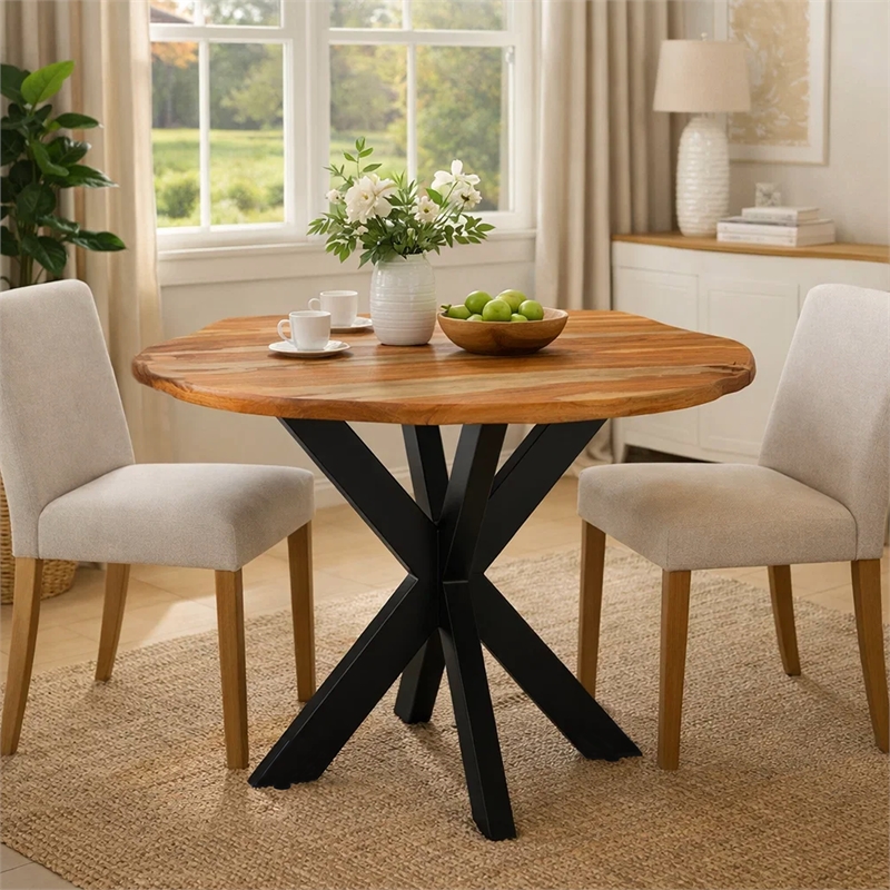 Bowery Hill 41 Inch Live Edge Round Dining Table Acacia Wood Iron Legs
