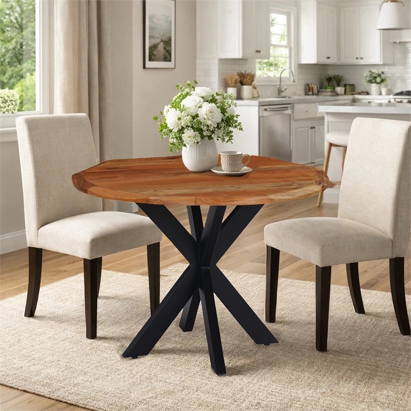 Bowery Hill 41 Inch Live Edge Round Dining Table Acacia Wood Iron Legs