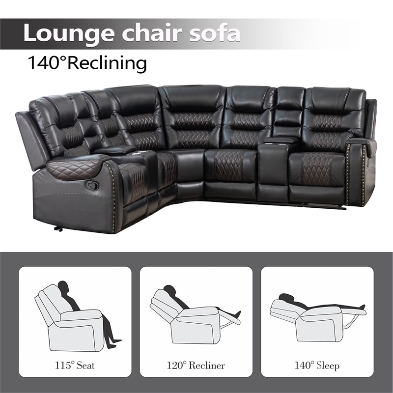 Bowery Hill Manual Recliner Sectional Sofa Set PU Leather L-Shaped in Black