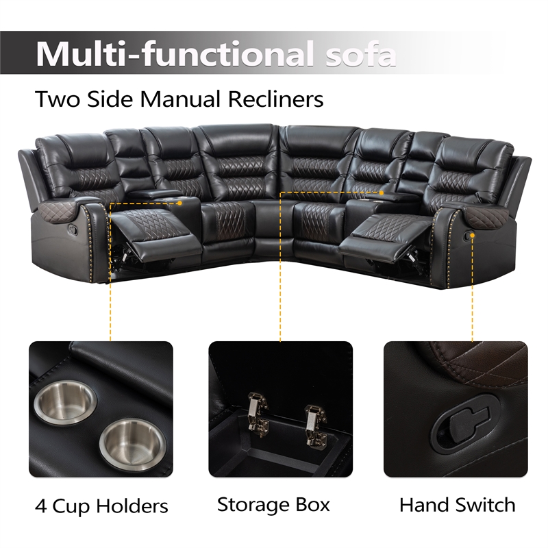 Bowery Hill Manual Recliner Sectional Sofa Set PU Leather L-Shaped in Black