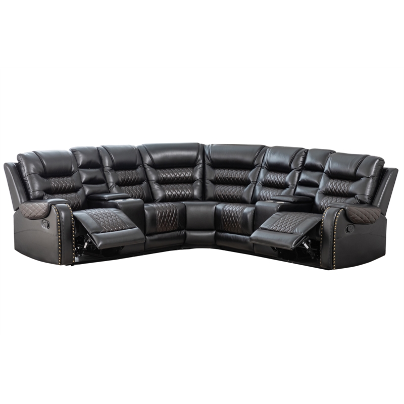 Bowery Hill Manual Recliner Sectional Sofa Set PU Leather L-Shaped in Black