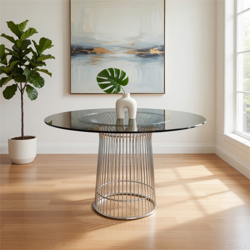Bowery Hill 40 Inch Dining Table Round Glass Top Open Pedestal Base