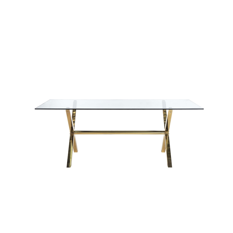 Bowery Hill 79 Inch Dining Table Rectangular Tempered Glass Top in Gold
