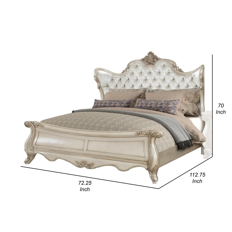 Bowery Hill Queen Size Bed Tufted Polyester Carved Wood in Champagne