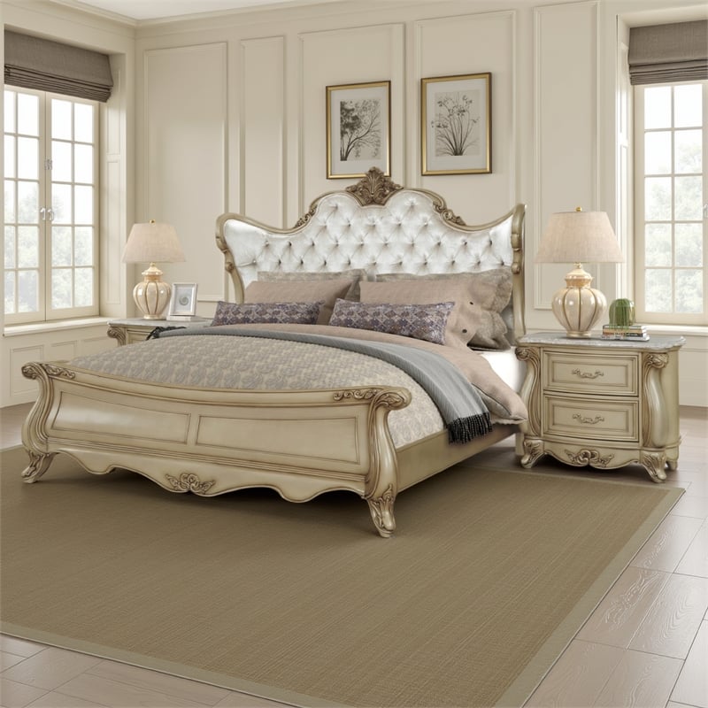Bowery Hill Queen Size Bed Tufted Polyester Carved Wood in Champagne