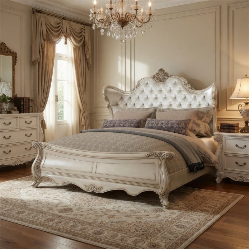 Bowery Hill King Size Bed Tufted Polyester Carved Wood in Champagne