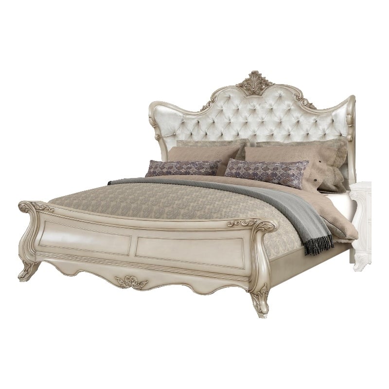 Bowery Hill King Size Bed Tufted Polyester Carved Wood in Champagne
